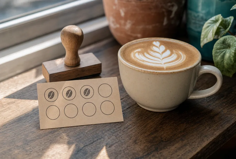 Coffee with a partially stamped cafe loyalty card