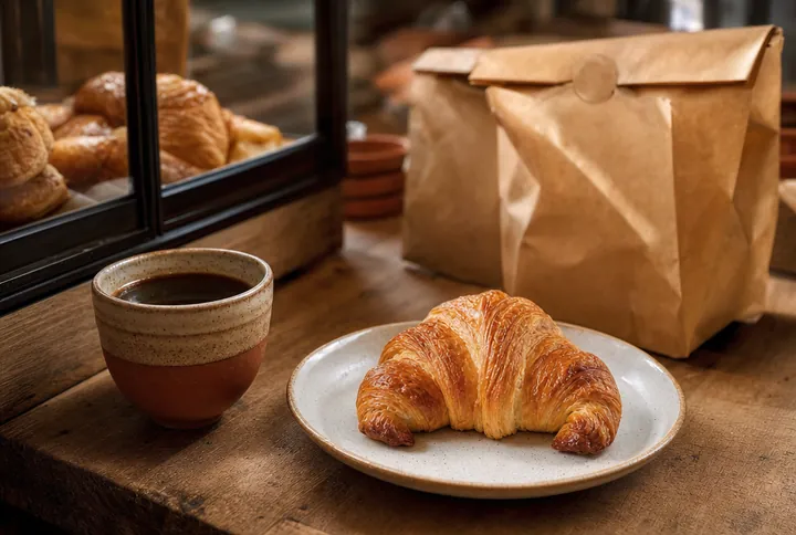 Fresh pastry and coffee on a bakery counter