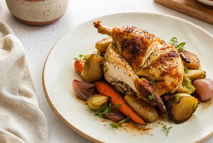 A plated restaurant dish with seasonal vegetables