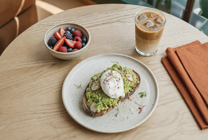 A colorful cafe brunch arranged for a social media photograph