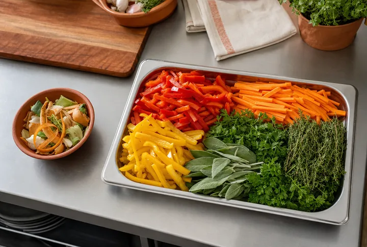 Portioned vegetables and separated trimmings at a kitchen prep station