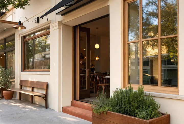 A welcoming restaurant entrance in daylight