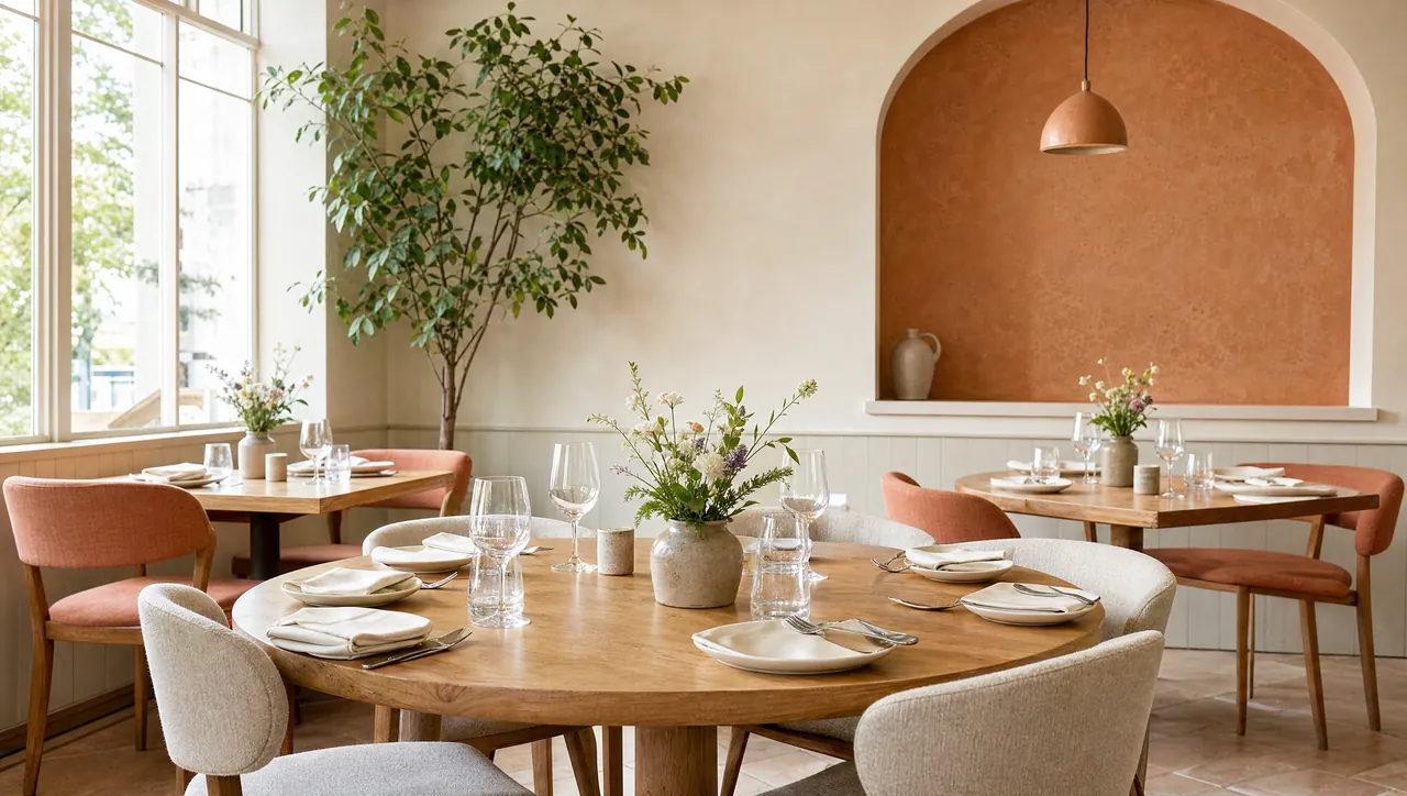 A bright restaurant dining room with oak tables, terracotta chairs and fresh flowers