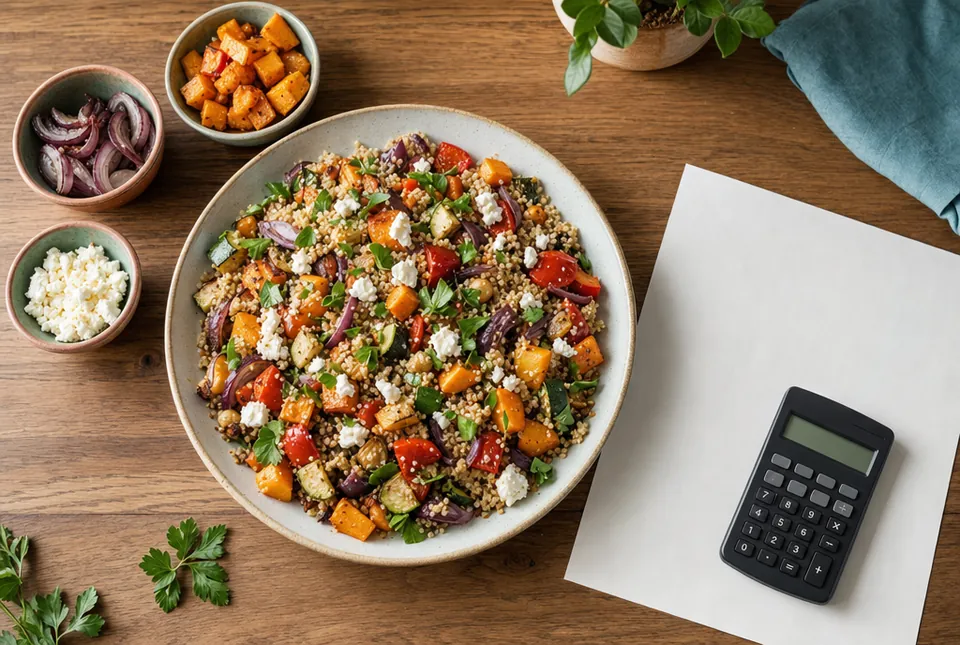 A finished dish and portioned ingredients beside a recipe-cost calculator