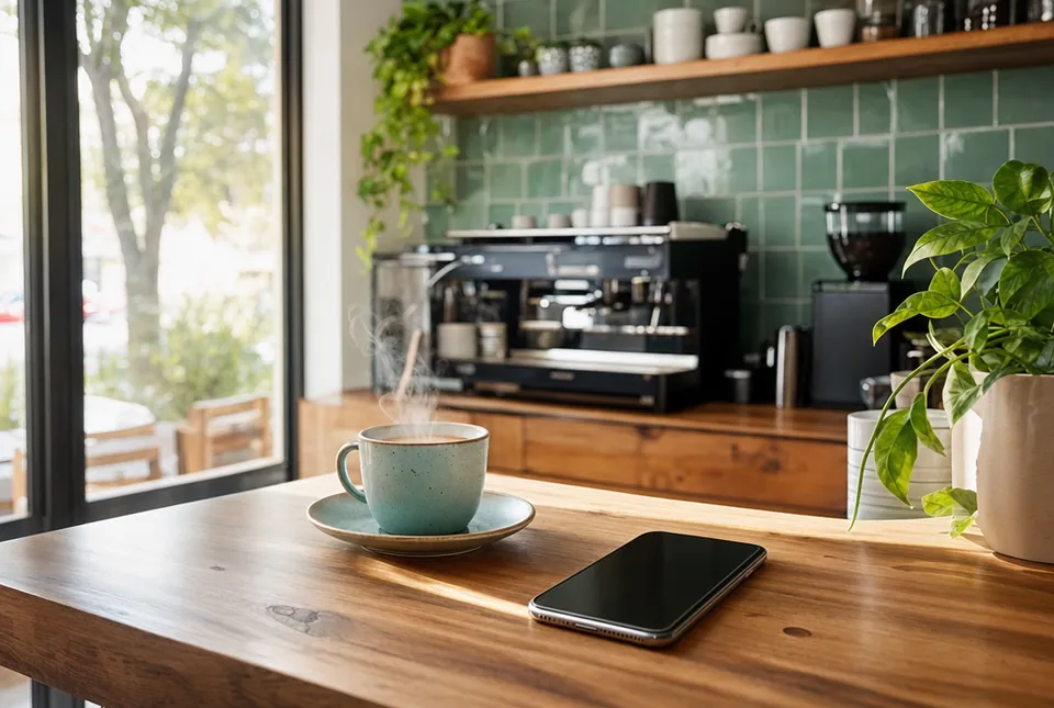 Tidy cafe counter with a coffee cup and a phone with blank screen