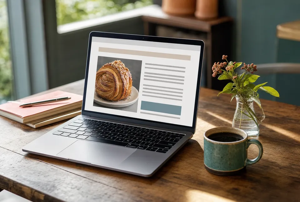 A restaurant newsletter layout on a laptop beside coffee and flowers