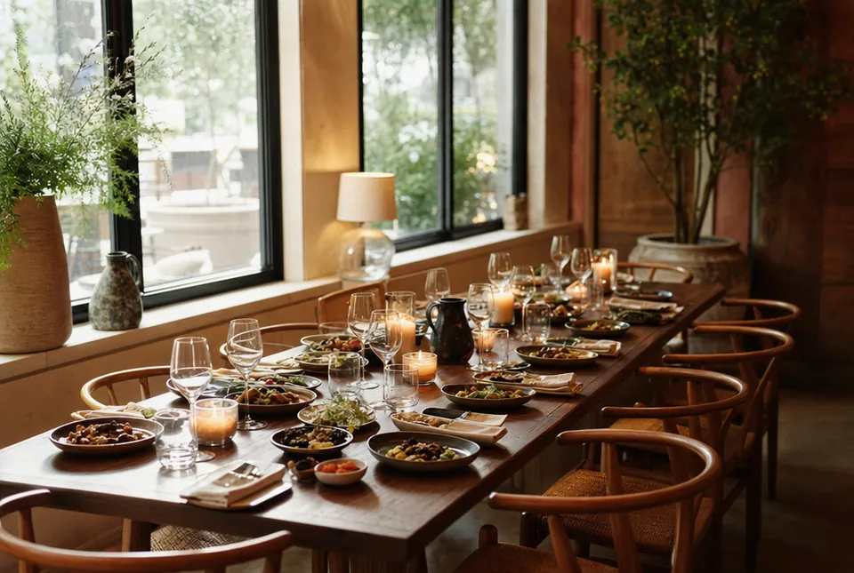 Long communal table set for a private tasting dinner