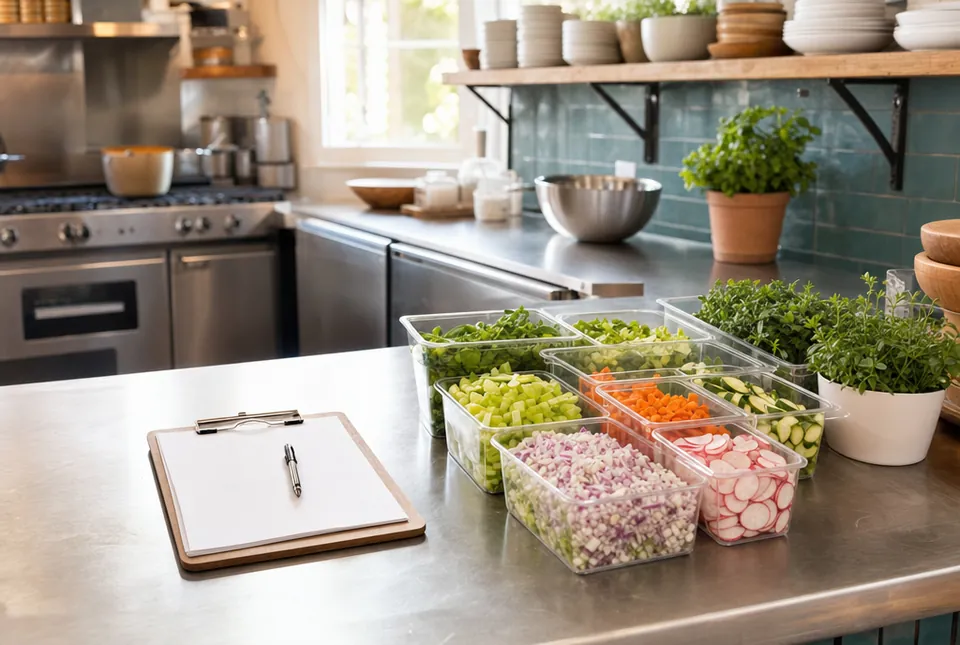 Clean kitchen prep station with clear containers and a blank clipboard