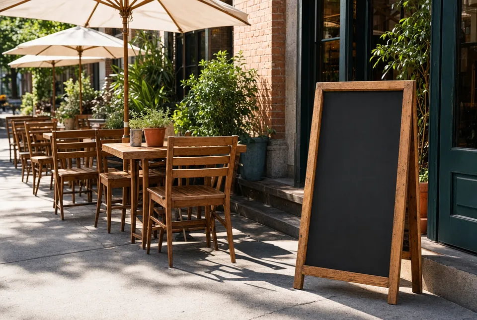 Sunny sidewalk cafe patio with umbrella tables and a blank chalkboard