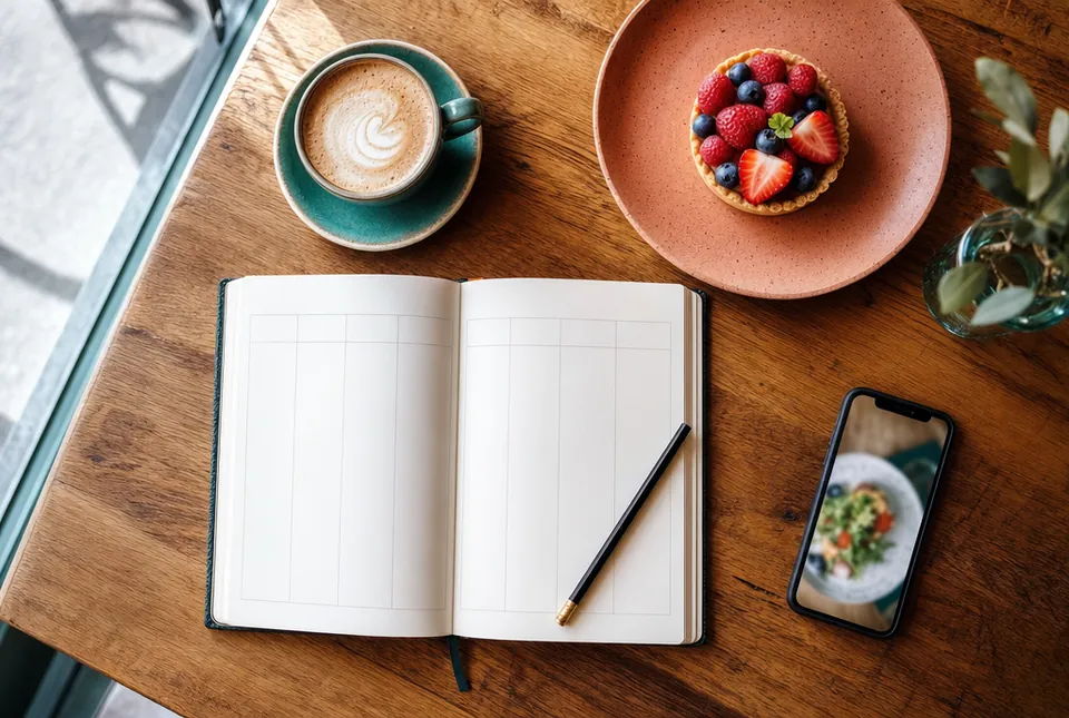 Cafe social content planning with coffee, a paper planner and a food photograph