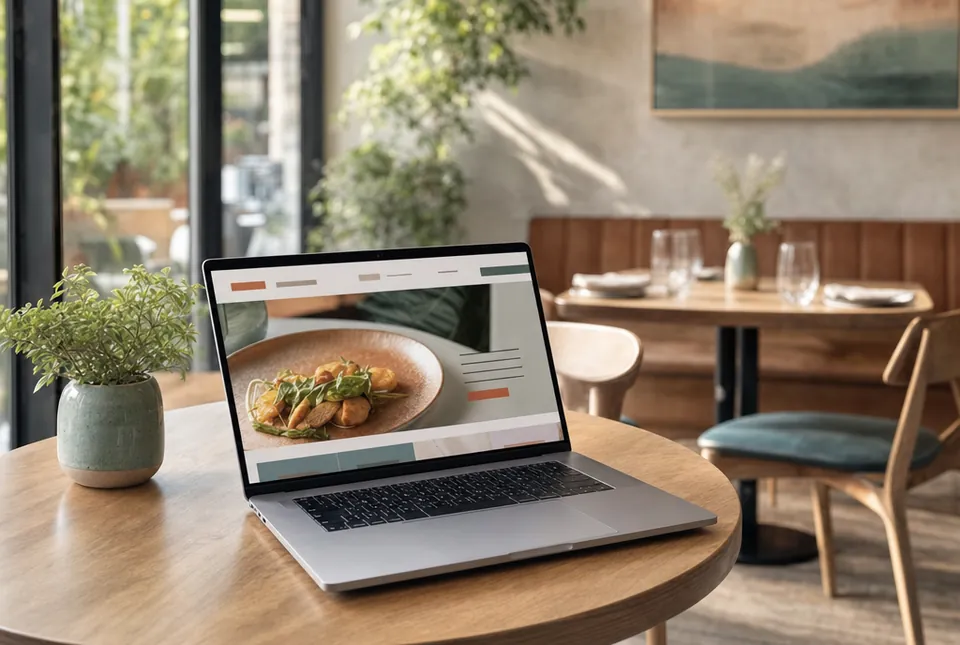 Laptop displaying a restaurant website beside a sunlit cafe window
