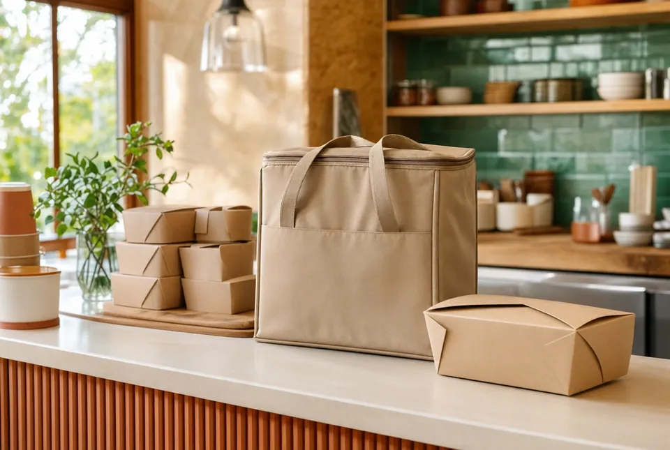 Unbranded insulated delivery bags on a takeout counter